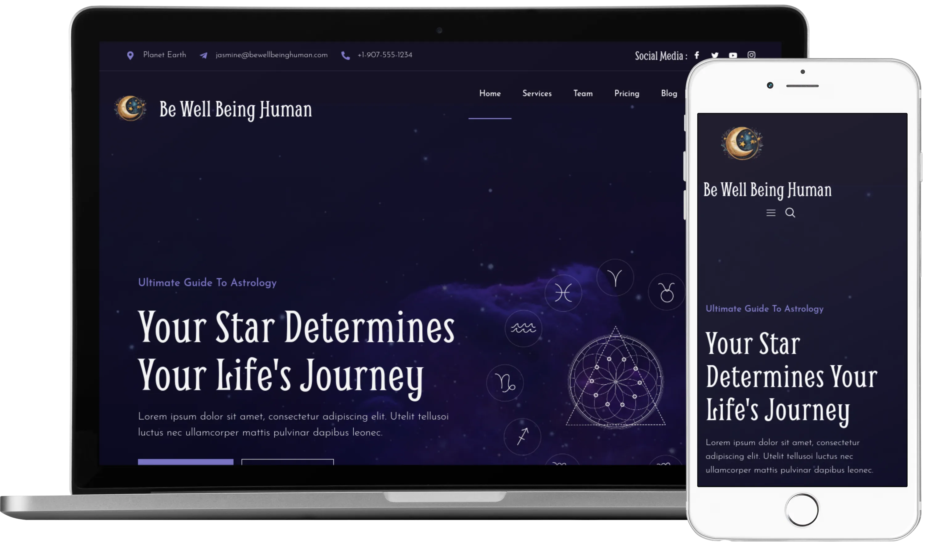 The Be Well Being Human homepage shown on a laptop and a phone side by side.