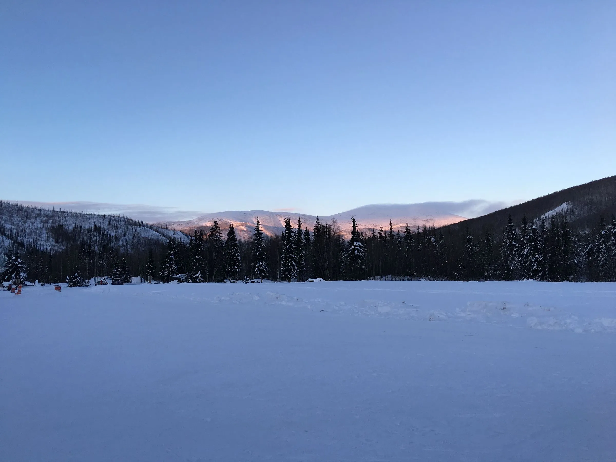 Snow-covered spruce forest and hills near Fairbanks, Alaska, under a clear winter sky at sunset